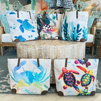 Sea Life Art Canvas and Leather Tote Sunshine & Sweet Peas Coastal Decor