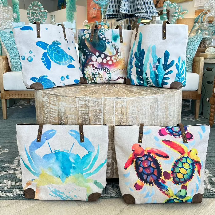 Sea Life Art Canvas and Leather Tote Sunshine & Sweet Peas Coastal Decor