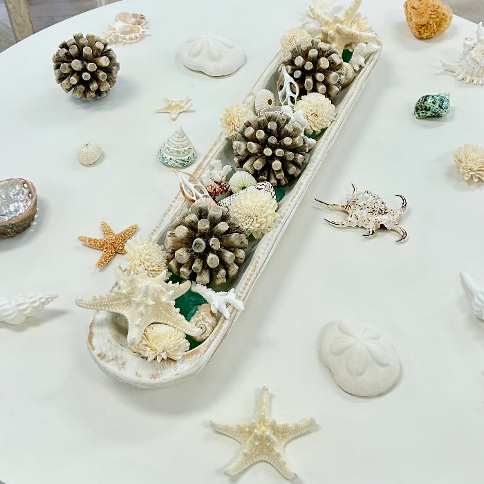 Extra Long Hand Carved Rectangular Wooden Bowl Centerpiece w/ Shells, Sea Glass, Starfish, Driftwood Spheres
