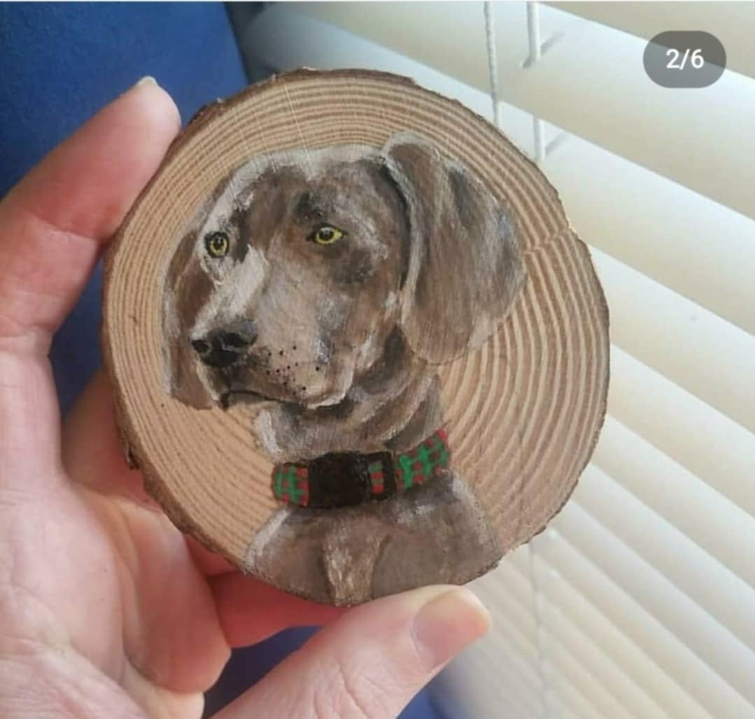 Custom Pet Portraits on Wood Slice Ornament Commission