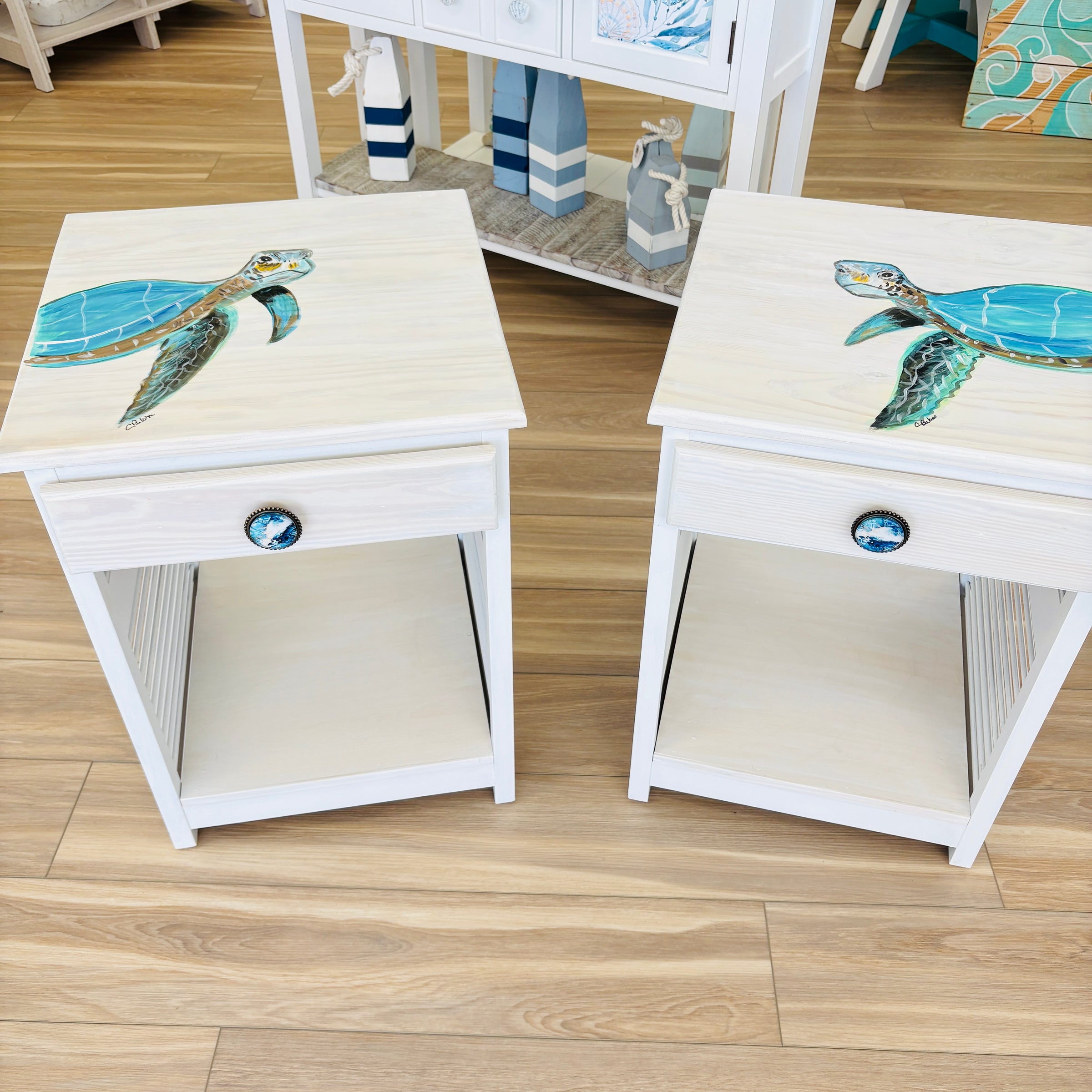 Hand Painted Pair of Nightstands/Side Tables w/ 1 Drawer and Shelf featuring "Buddy"