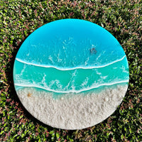 Round Beach Inspired Emerald Resin & White Sand Coastal Scene with Sea Turtle & Starfish 18" - Sunshine & Sweet Pea's Coastal Decor