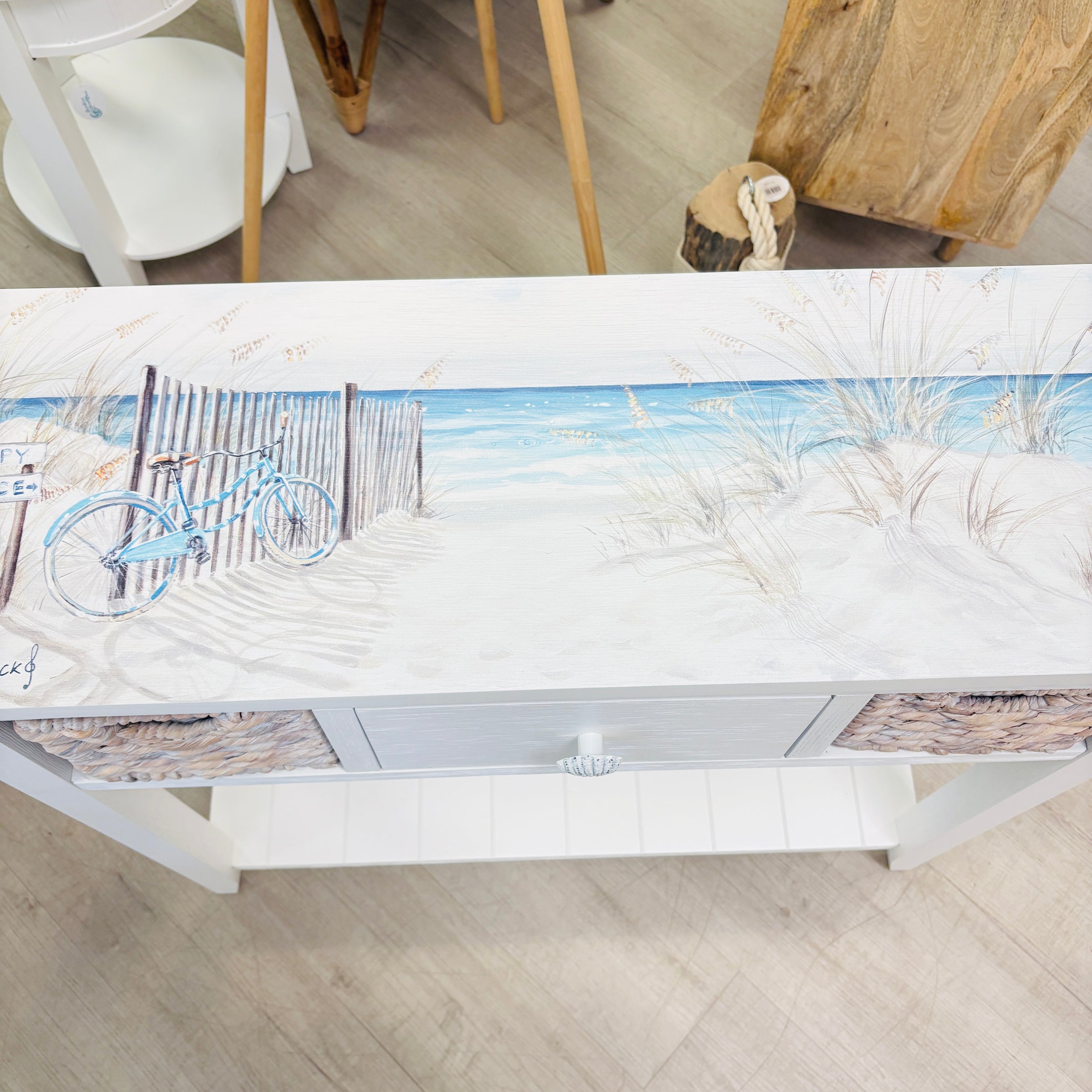 Coastal Entry Table with Drawer and Baskets w/Anastasia Musick Art