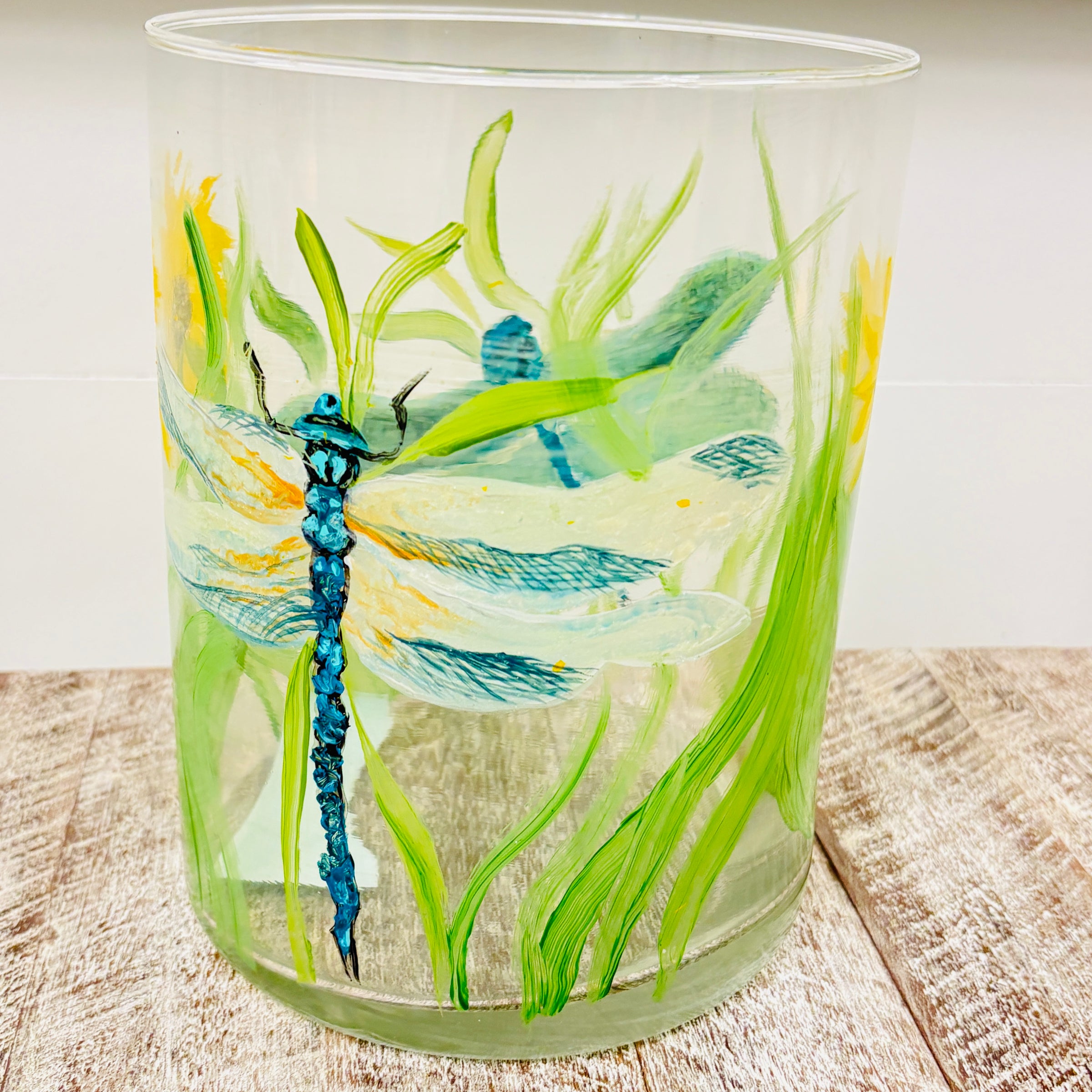 Hand Painted Dragonfly and Sunflower Glass Hurricane/Vase/Utensil Holder