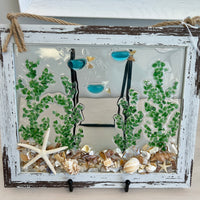 Coastal Glass Art w/ Shells, Glass, Resin, Sand- 8"x10"
