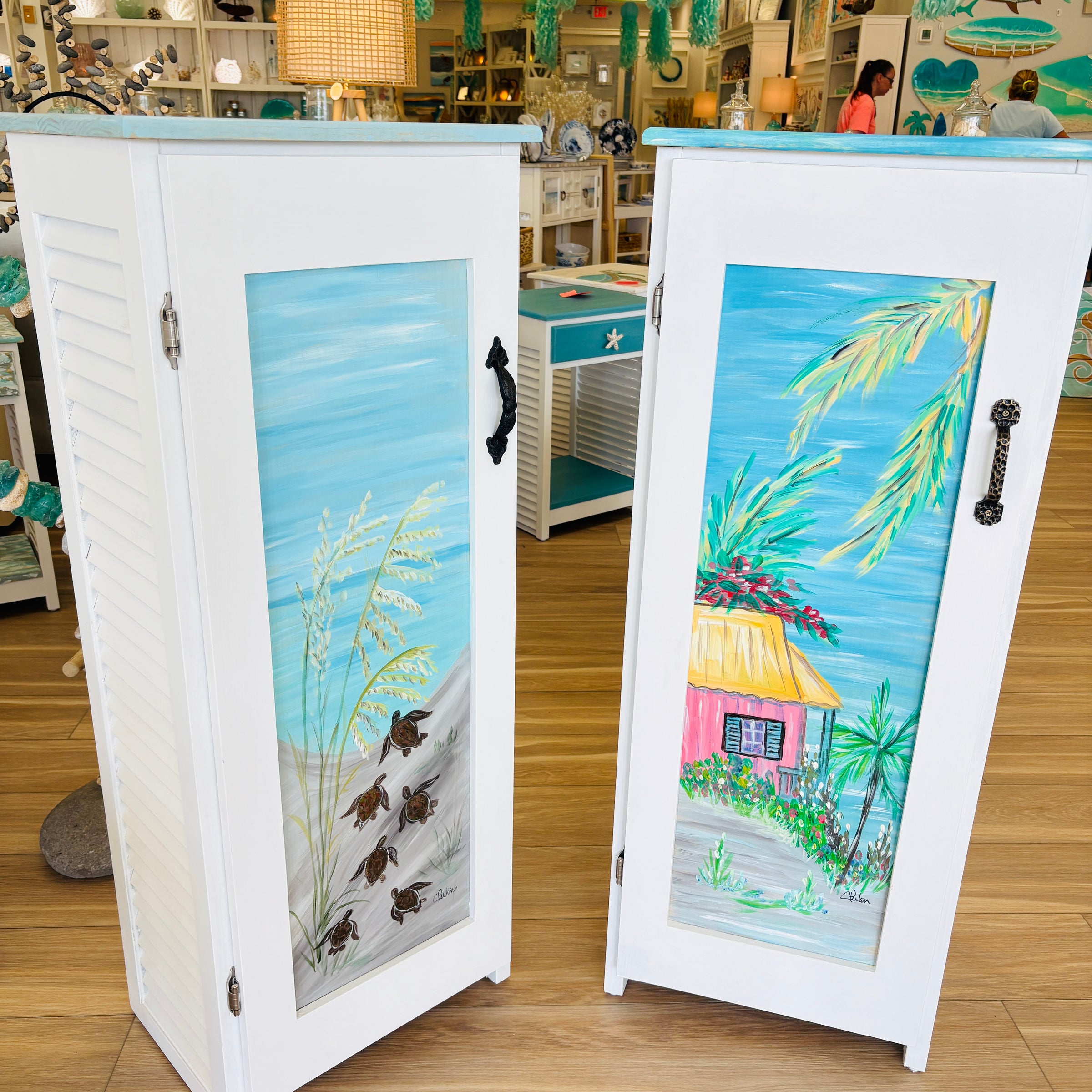 Hand Painted 3 Shelf Tall Cabinet w/ Door Featuring Custom Art