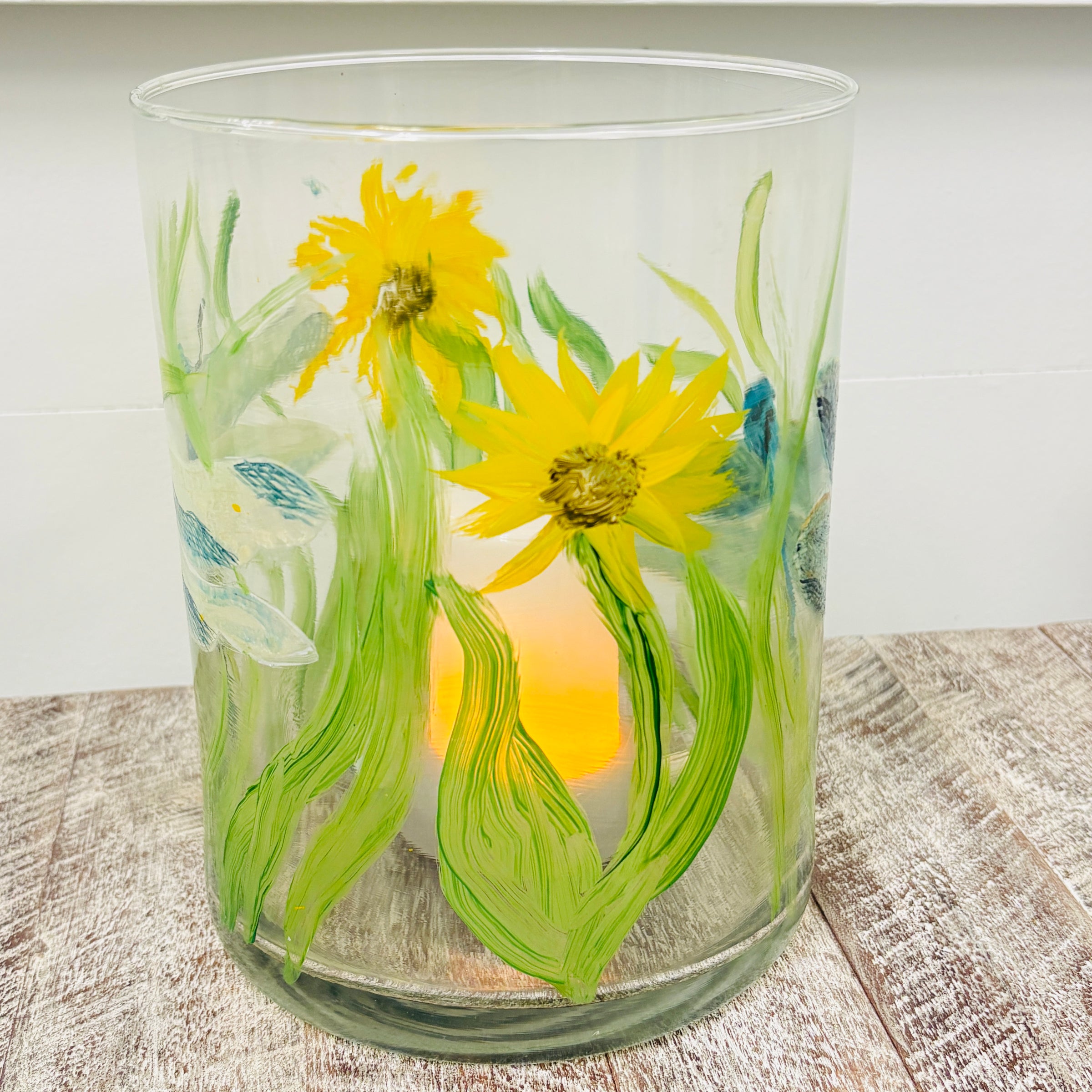Hand Painted Dragonfly and Sunflower Glass Hurricane/Vase/Utensil Holder