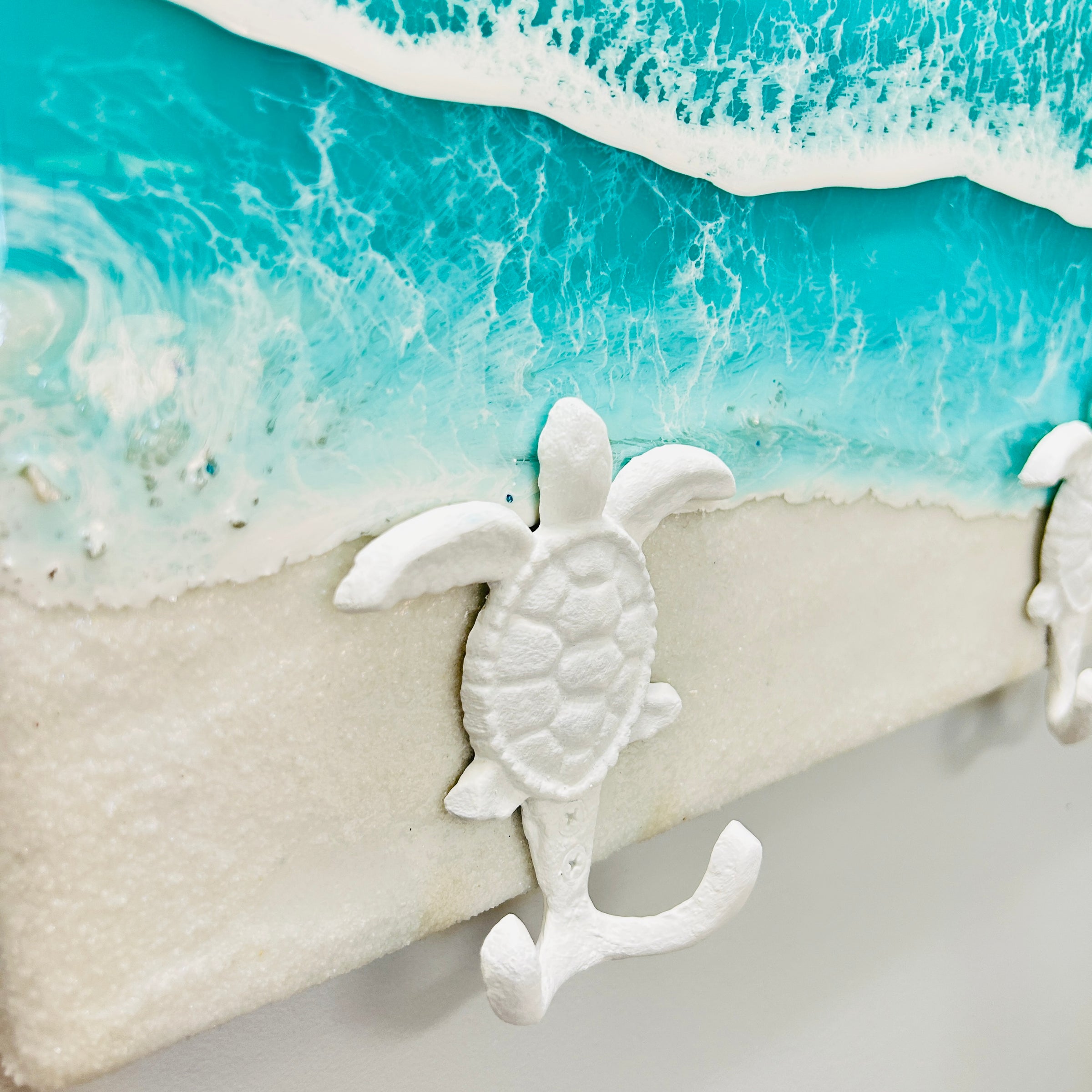 Coastal Teal Green Resin Wall Coat/Towel Hanger with Metal Turtle Hooks