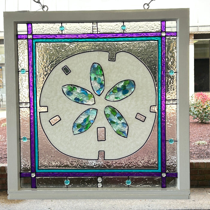 Assorted Sand Dollar Painted Window w/Sea Glass Sunshine & Sweet Peas Coastal Decor