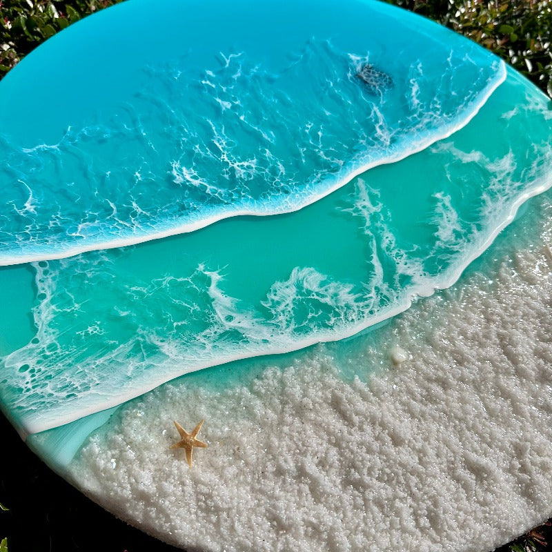 Round Beach Inspired Emerald Resin & White Sand Coastal Scene with Sea Turtle & Starfish 18" - Sunshine & Sweet Pea's Coastal Decor