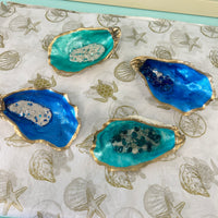Large Oyster Shells Painted and Inlayed with Sand & Seaglass & Resin