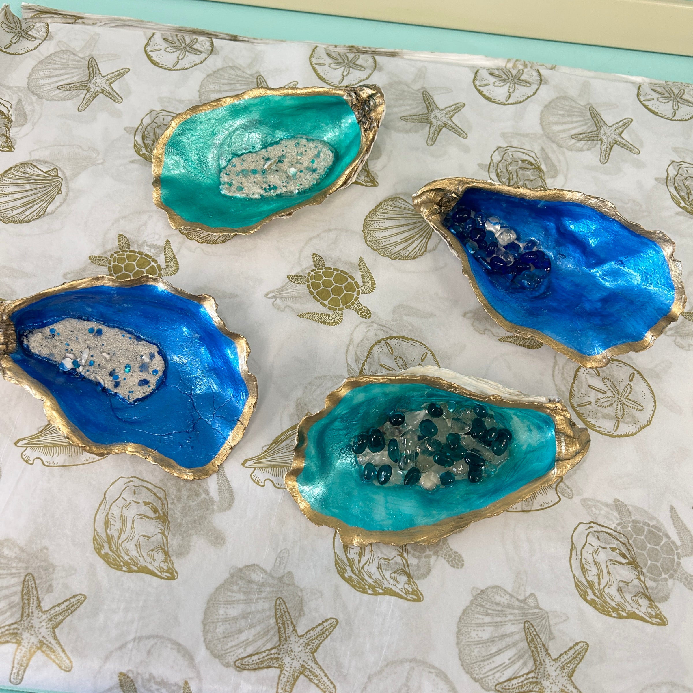 Large Oyster Shells Painted and Inlayed with Sand & Seaglass & Resin