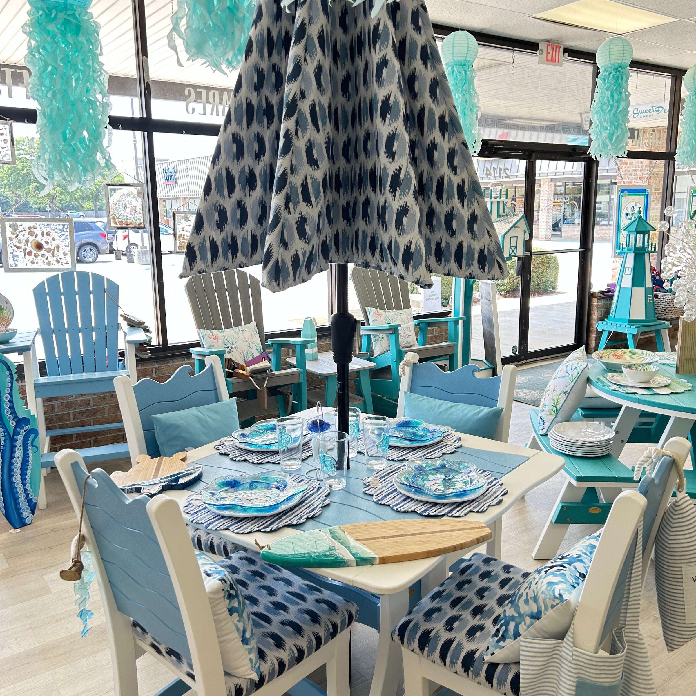 Poly Outdoor Furniture Wave Design Dining Height Table Set w/ 9ft Umbrella and Chair Cushions