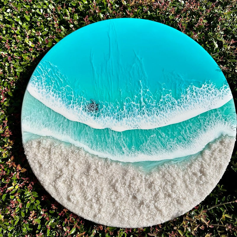 Round Beach Inspired Emerald Resin & White Sand Coastal Scene with Sea Turtle 18" - Sunshine & Sweet Pea's Coastal Decor