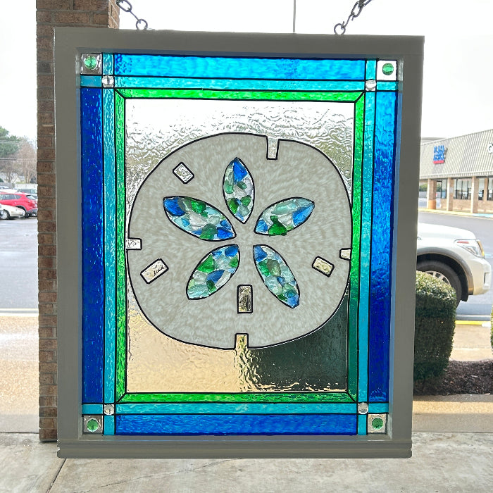 Assorted Sand Dollar Painted Window w/Sea Glass Sunshine & Sweet Peas Coastal Decor