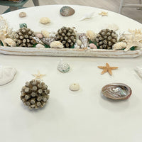 Extra Long Hand Carved Rectangular Wooden Bowl Centerpiece w/ Shells, Sea Glass, Starfish, Driftwood Spheres