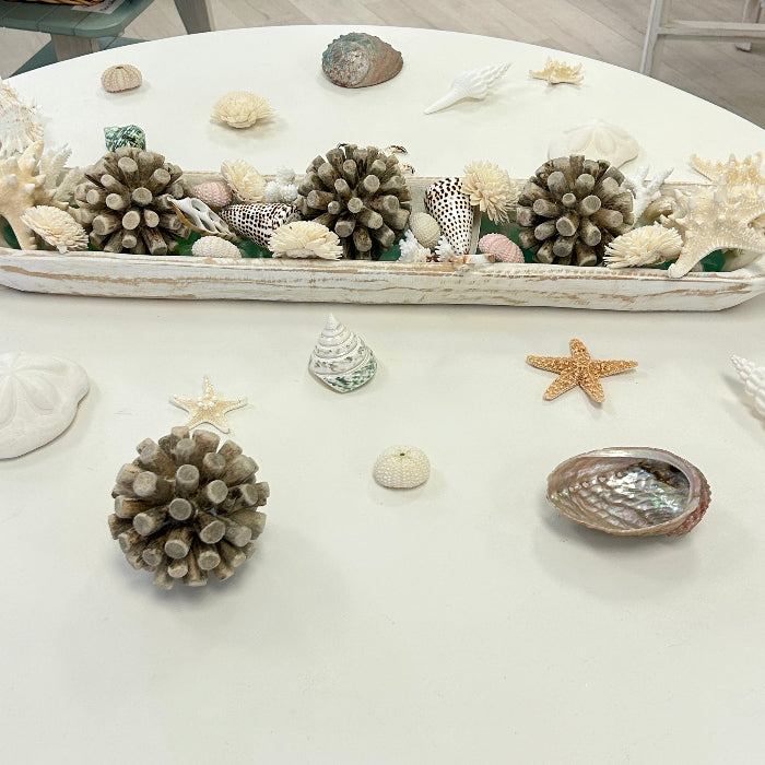 Extra Long Hand Carved Rectangular Wooden Bowl Centerpiece w/ Shells, Sea Glass, Starfish, Driftwood Spheres