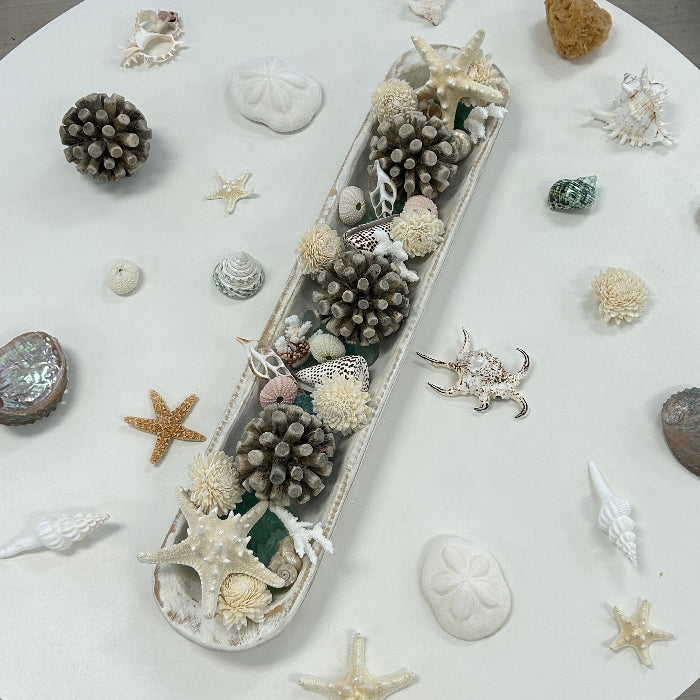 Extra Long Hand Carved Rectangular Wooden Bowl Centerpiece w/ Shells, Sea Glass, Starfish, Driftwood Spheres