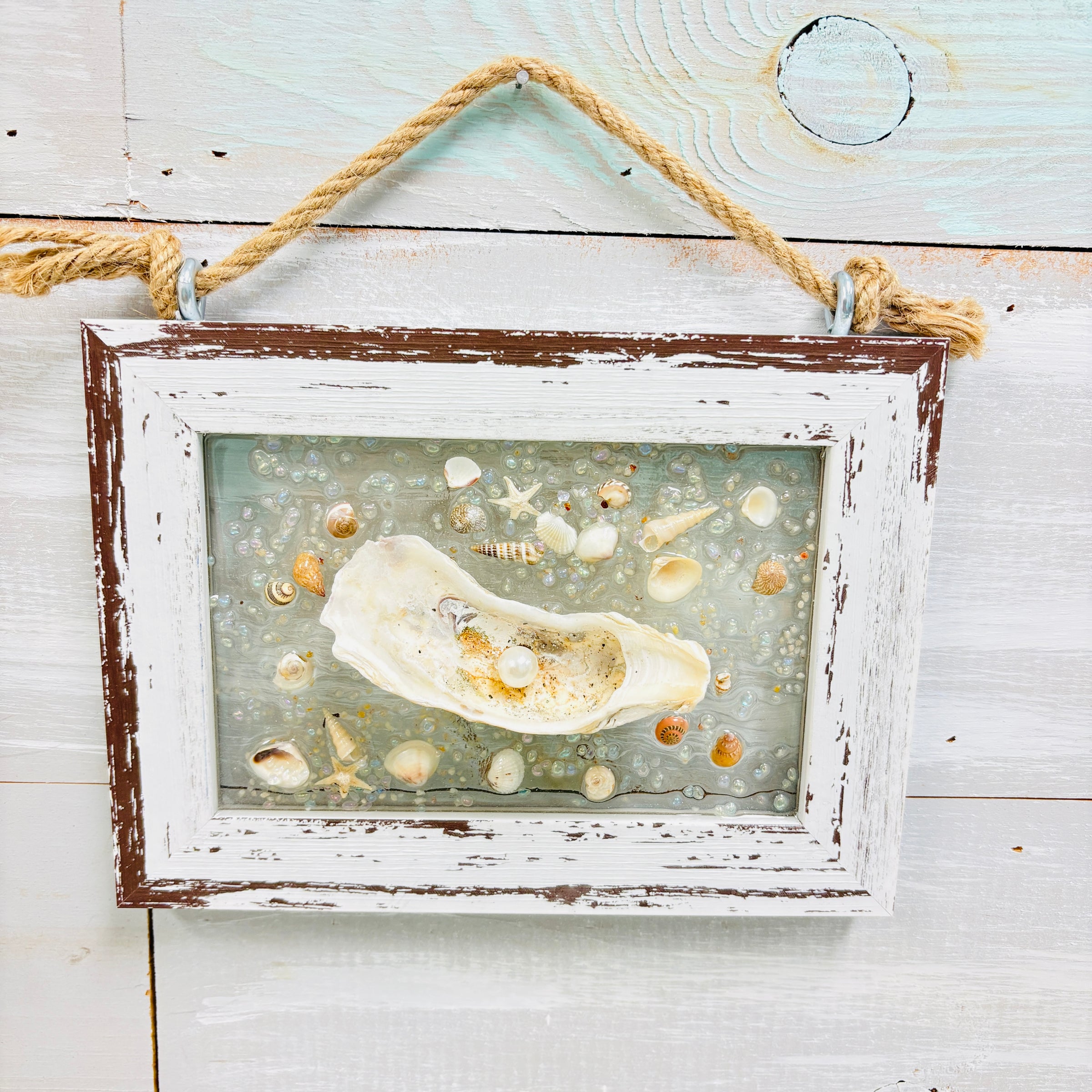 Coastal Glass Art w/ Shells, Glass, Resin, Sand- 4"x 6"