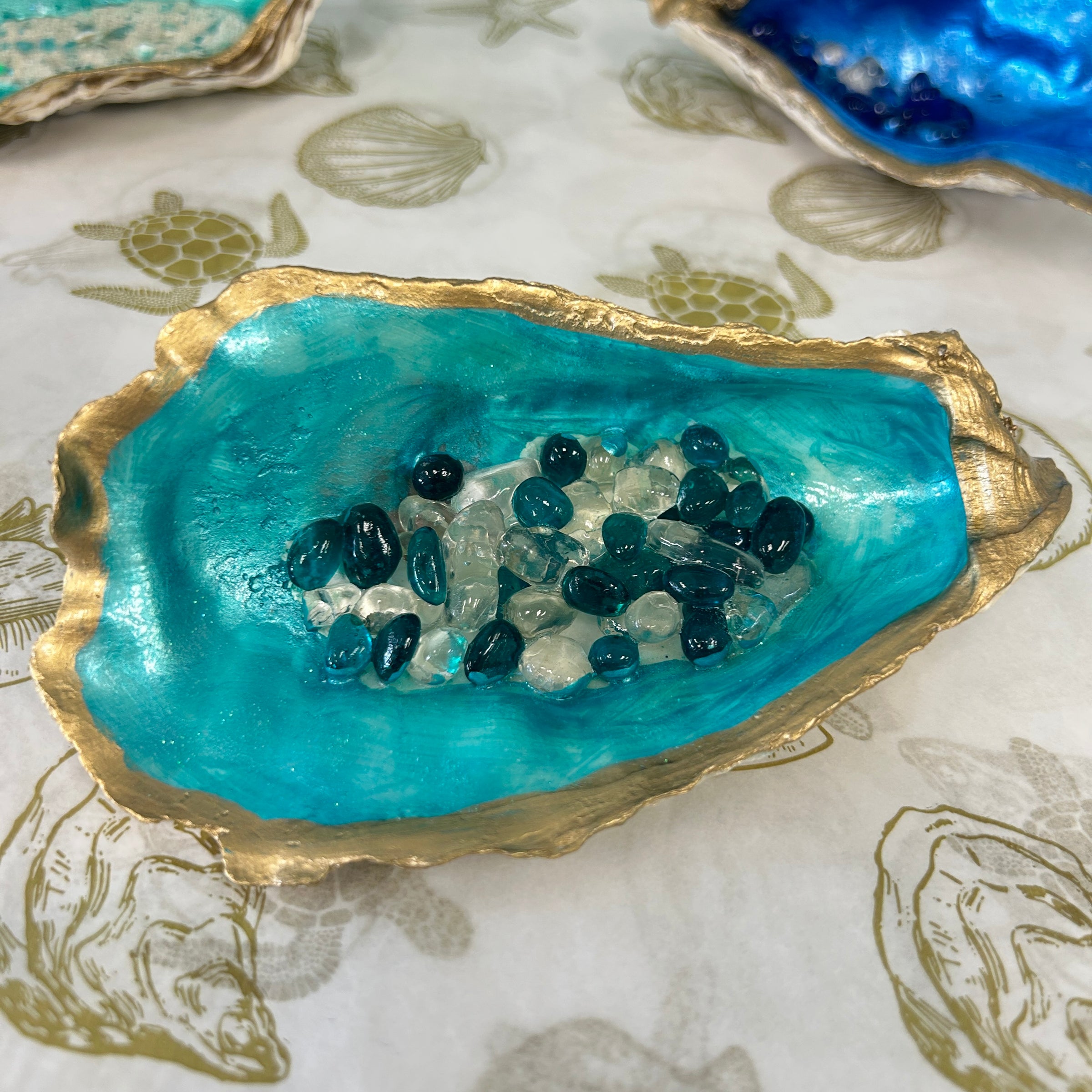 Large Oyster Shells Painted and Inlayed with Sand & Seaglass & Resin