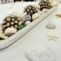 Extra Long Hand Carved Rectangular Wooden Bowl Centerpiece w/ Shells, Sea Glass, Starfish, Driftwood Spheres