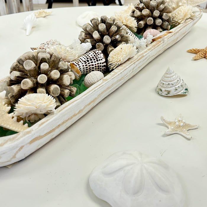 Extra Long Hand Carved Rectangular Wooden Bowl Centerpiece w/ Shells, Sea Glass, Starfish, Driftwood Spheres