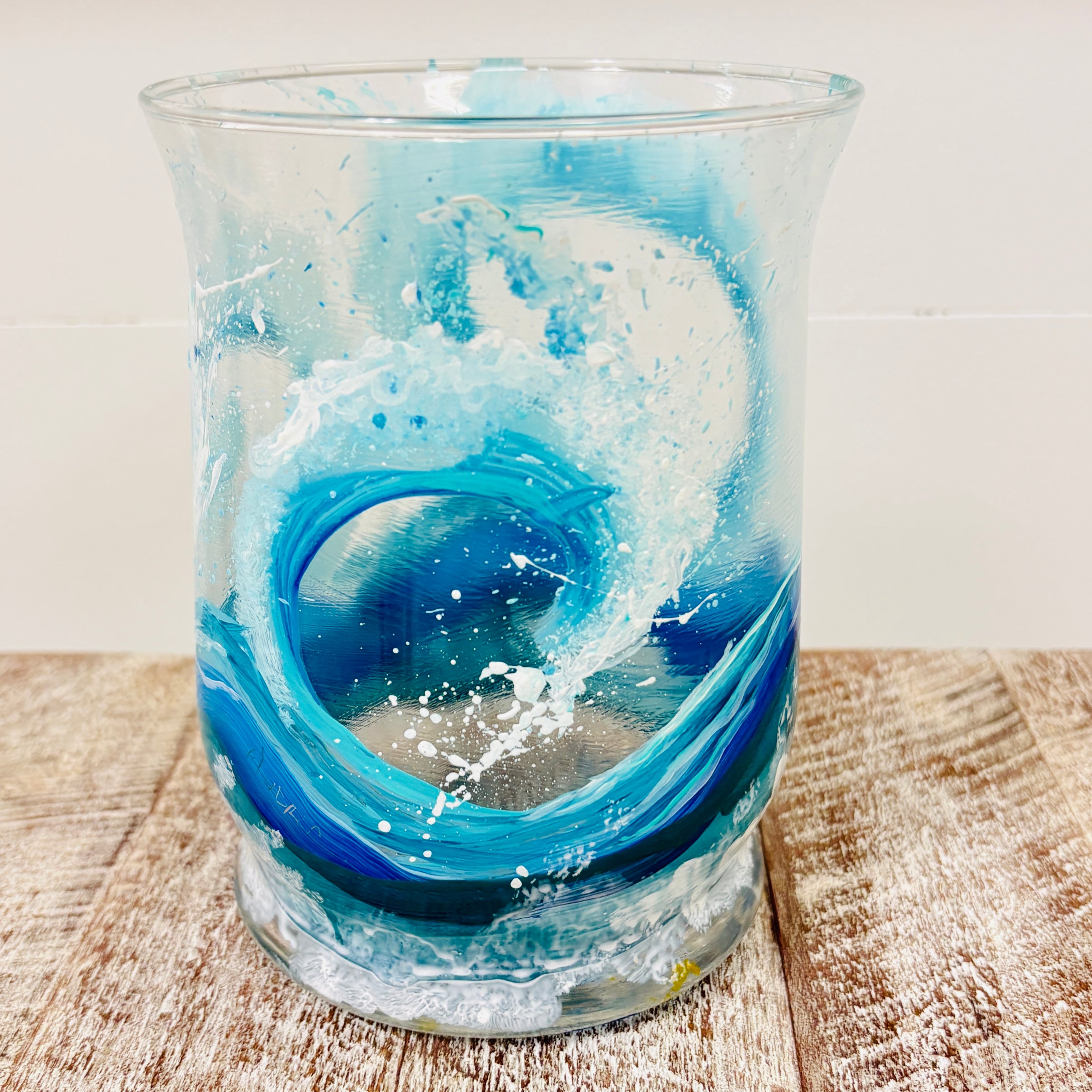 Hand Painted Cresting Waves Glass Hurricane/Vase