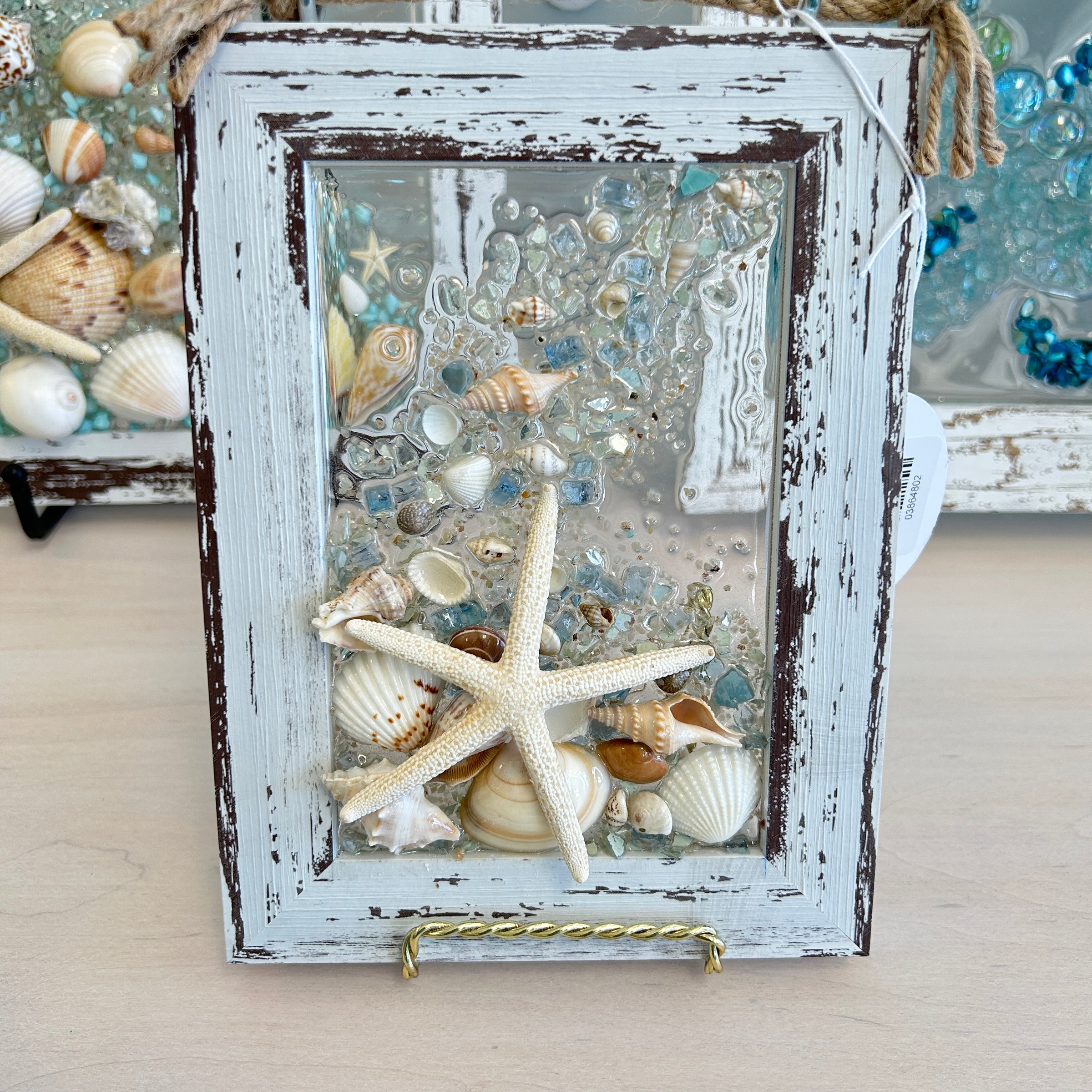 Coastal Glass Art w/ Shells, Glass, Resin, Sand- 4"x 6"