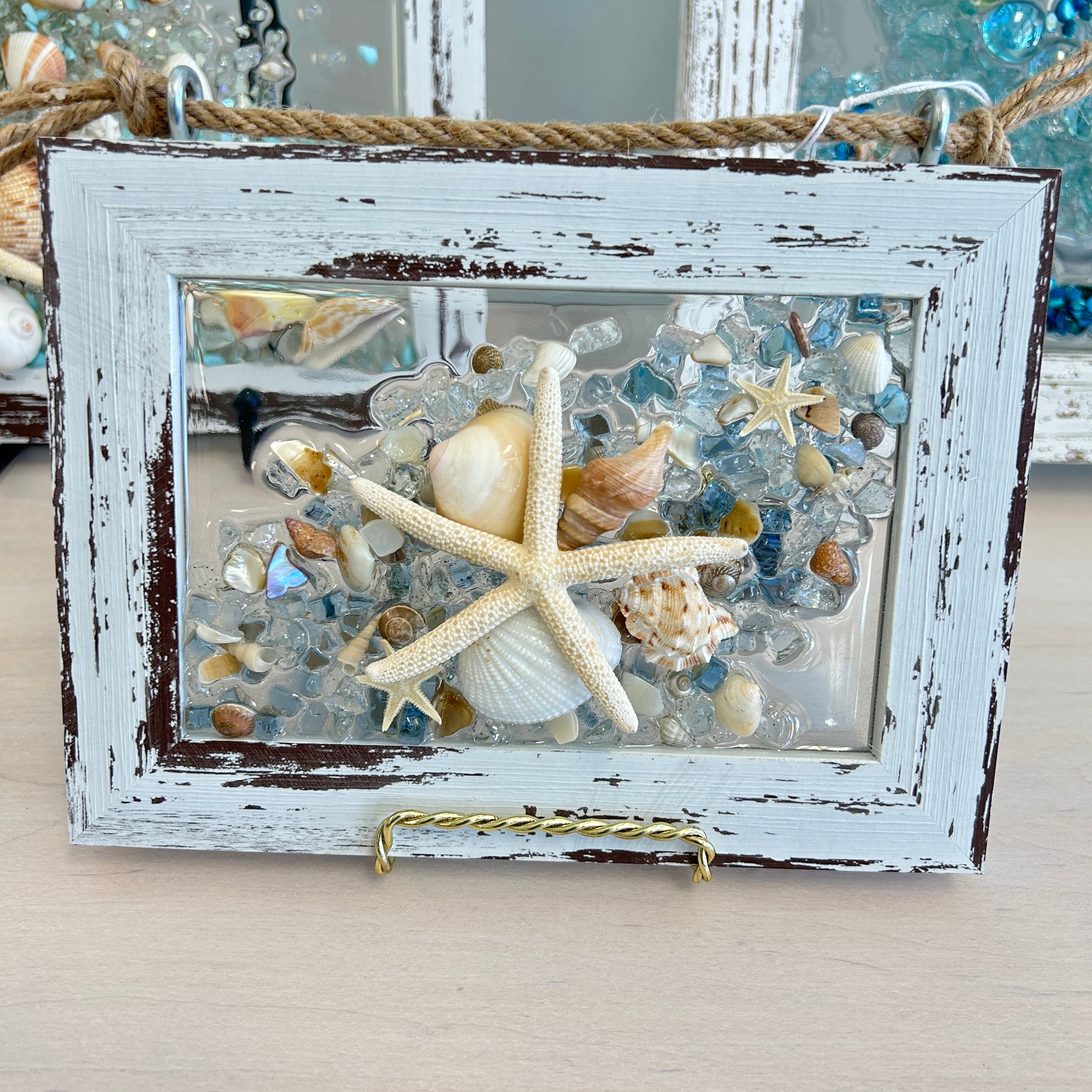 Coastal Glass Art w/ Shells, Glass, Resin, Sand- 4"x 6"