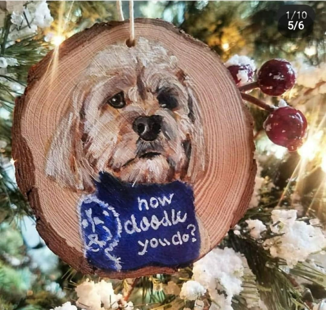 Custom Pet Portraits on Wood Slice Ornament Commission