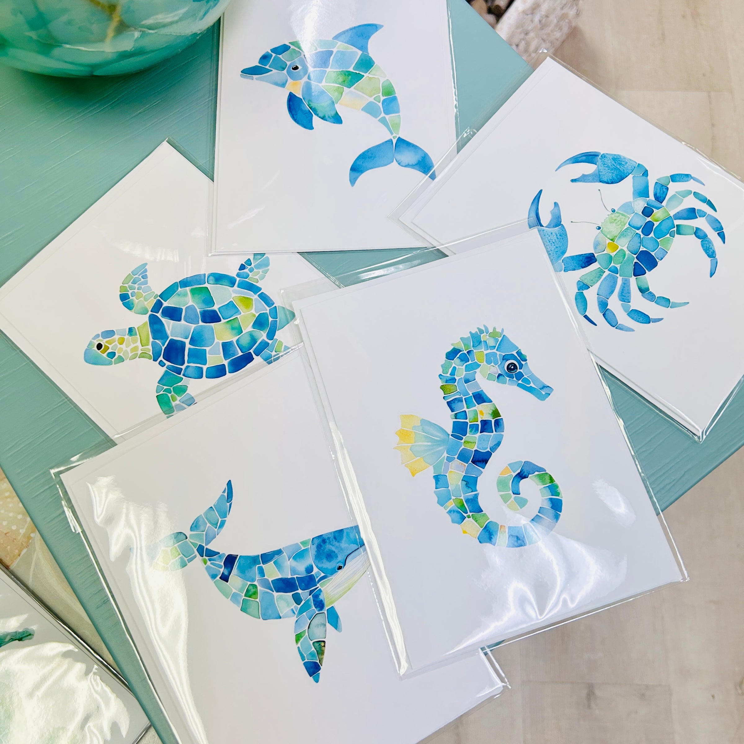 Assorted 5x7 Original Art Print Greeting Cards- Mosaic Sea Animals