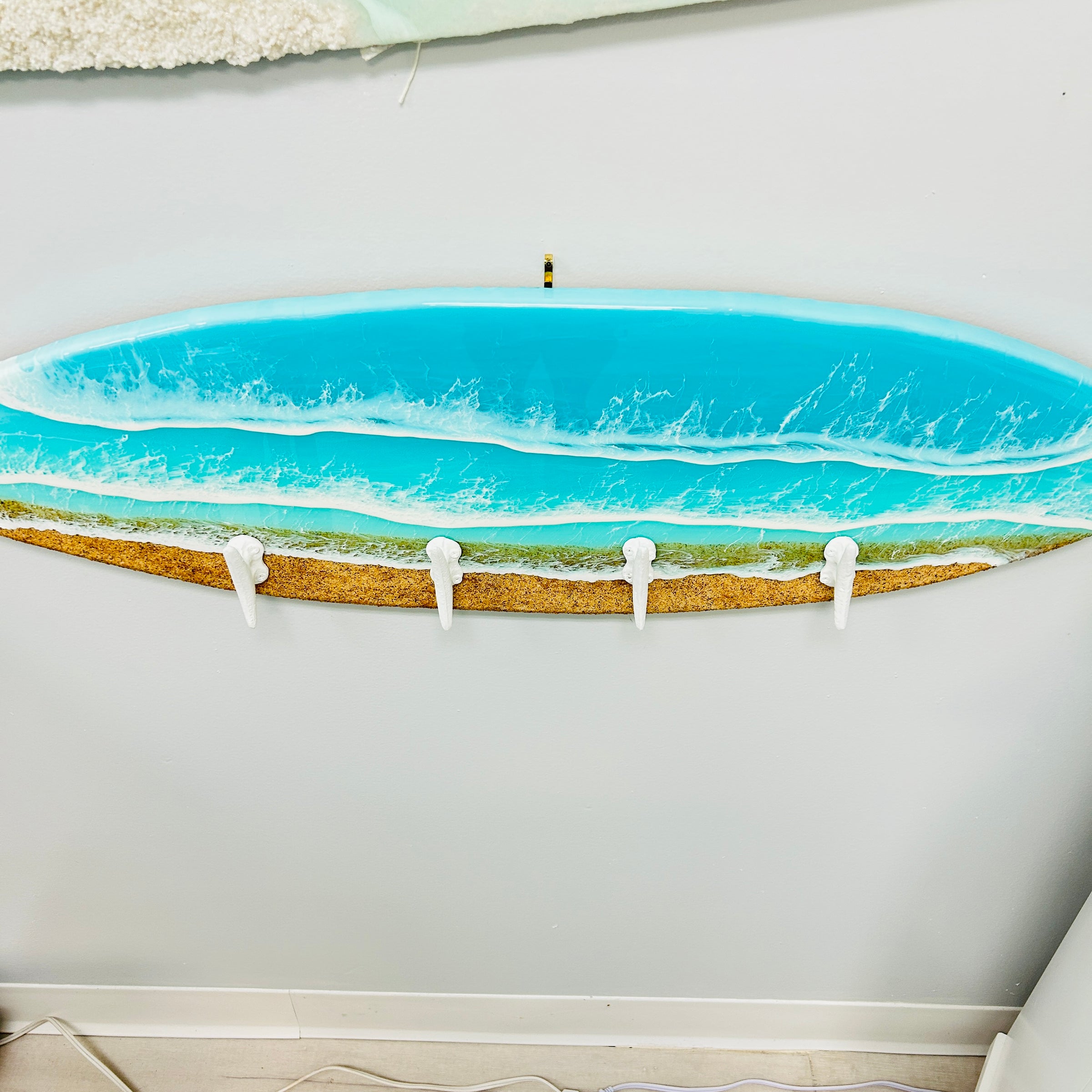 Coastal Teal Surfboard Resin Wall Coat/Towel Hanger with Metal Boat Cleat Hooks