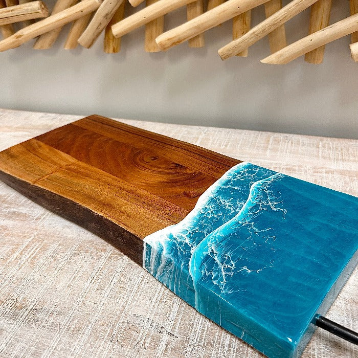 Beach Inspired Teal Resin 16" Wood Charcuterie Board w/ Metal Handle Sunshine & Sweet Peas Coastal Decor