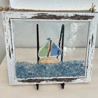 Coastal Glass Art w/ Shells, Glass, Resin, Sand- 8"x10"