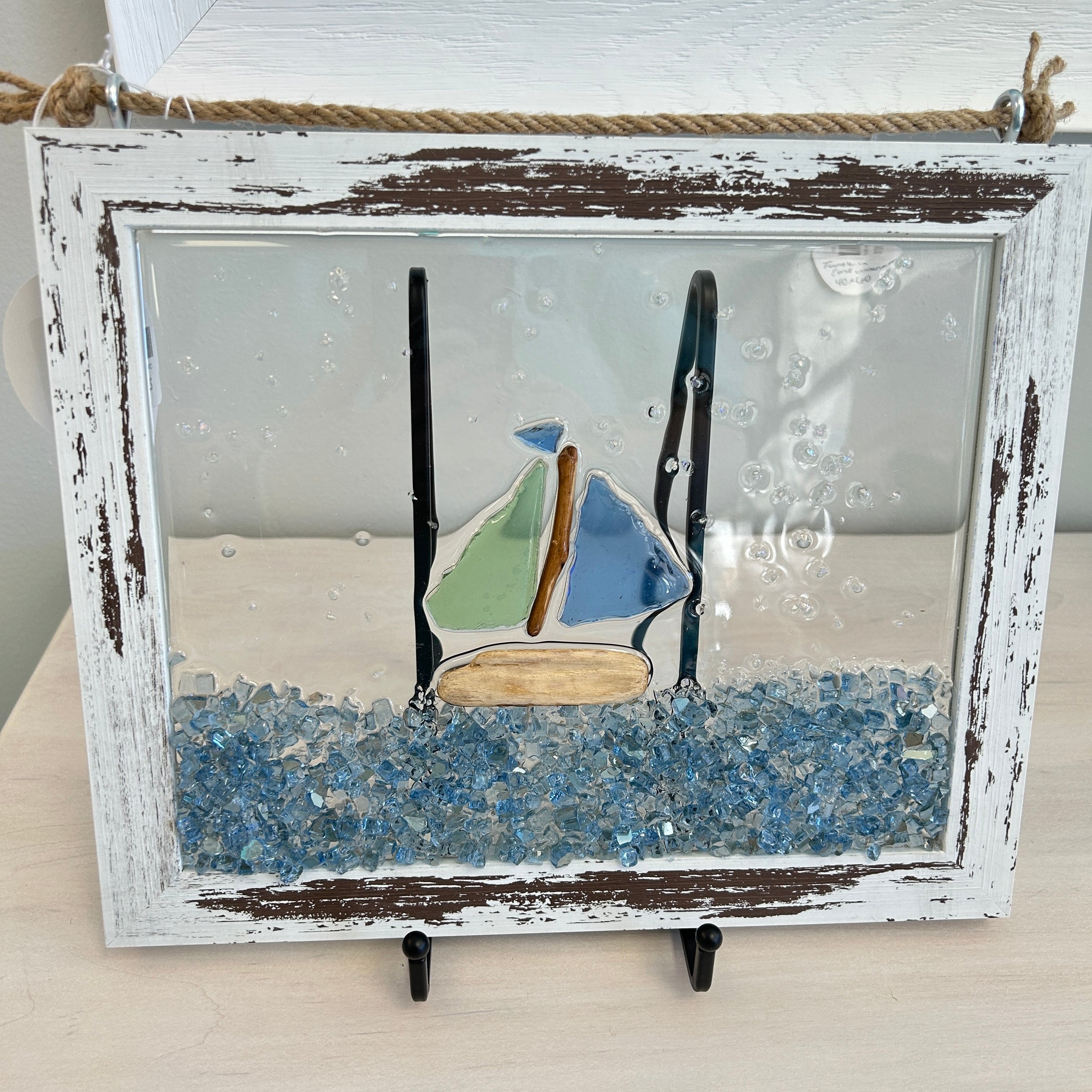 Coastal Glass Art w/ Shells, Glass, Resin, Sand- 8"x10"