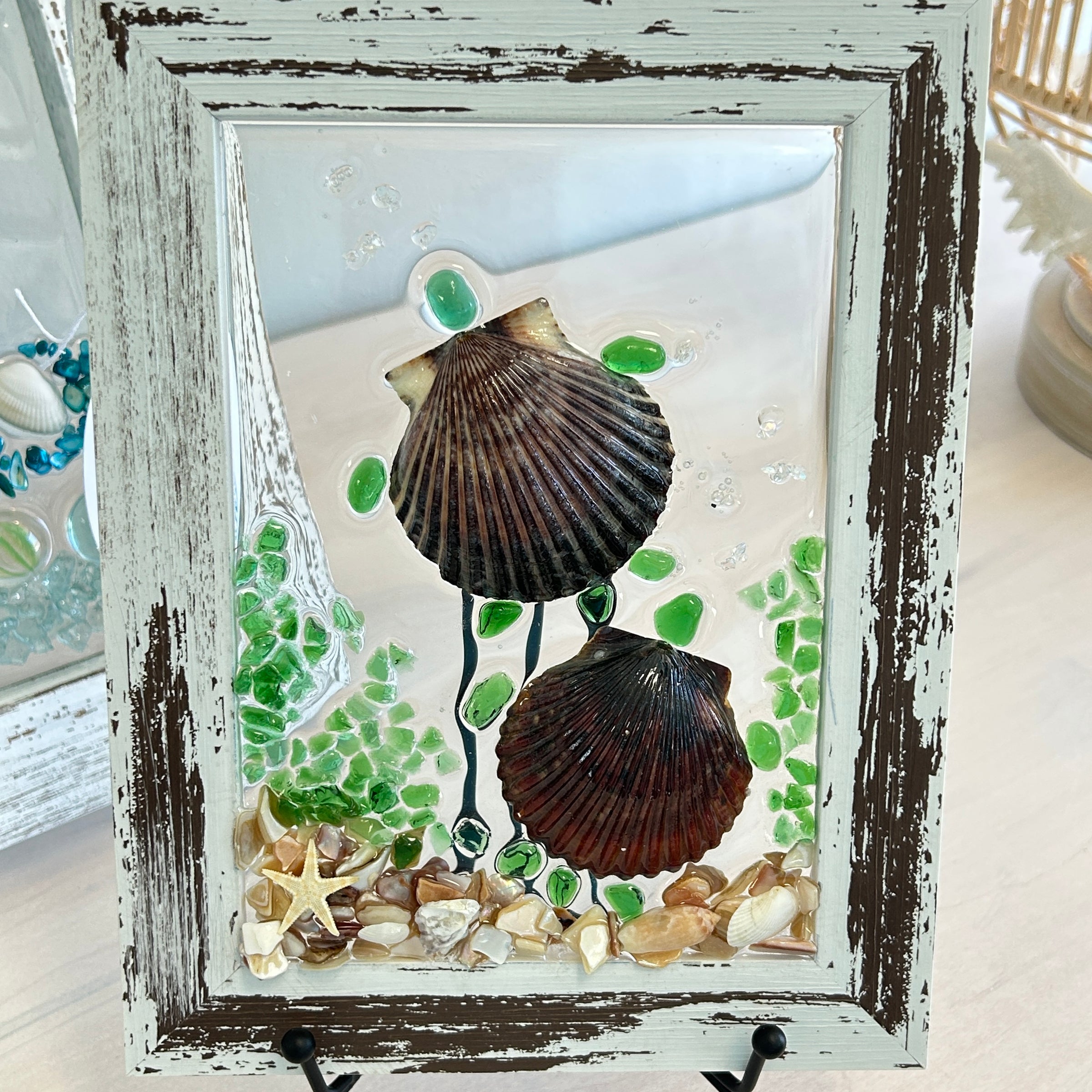 Assorted Coastal Glass Art w/ Shells, Glass, Resin, Sand- 5"x 7"