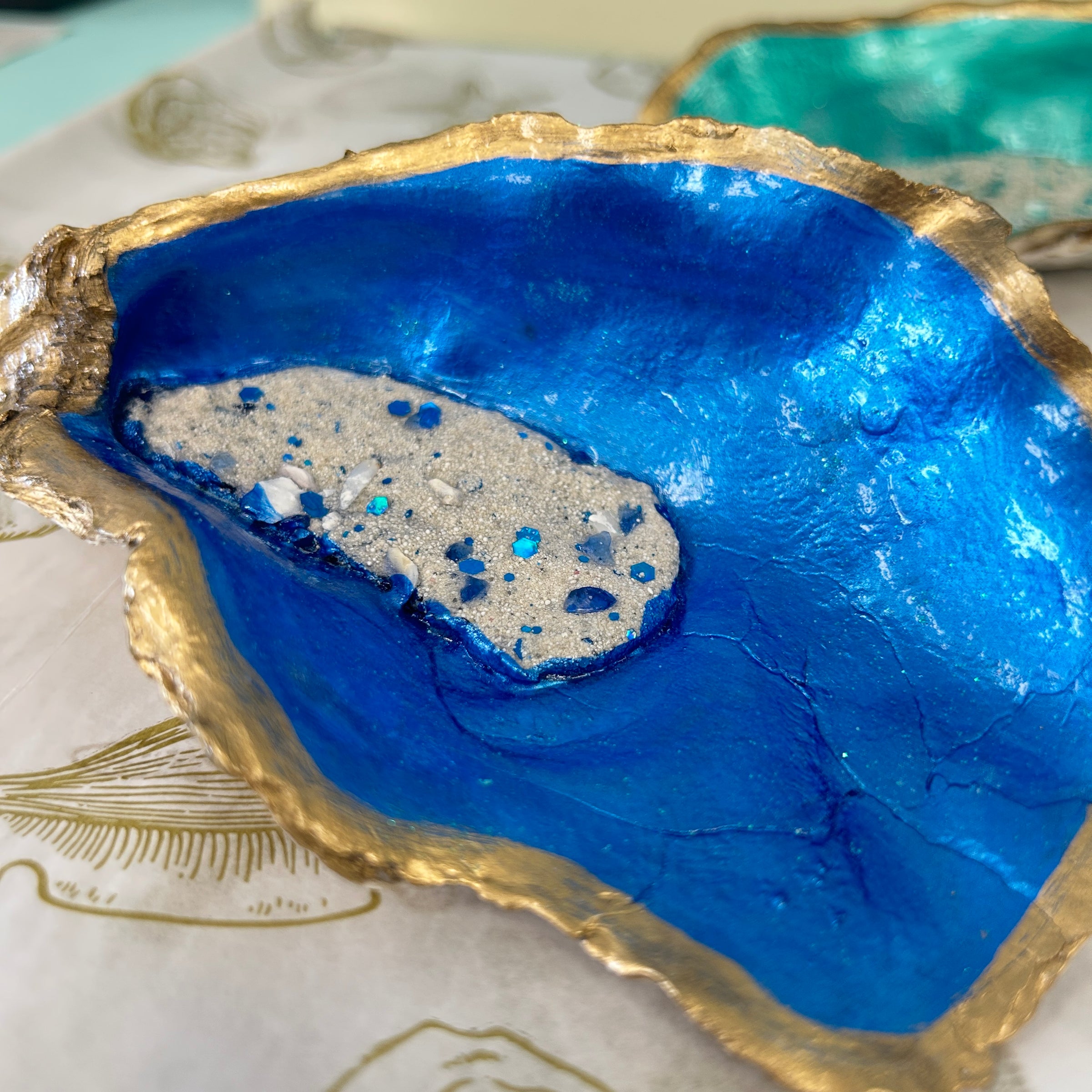 Large Oyster Shells Painted and Inlayed with Sand & Seaglass & Resin