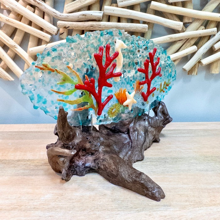 Glass Disc Sculpture w/Coral, Starfish, & Seahorse on Driftwood - Sunshine & Sweet Pea's Coastal Decor