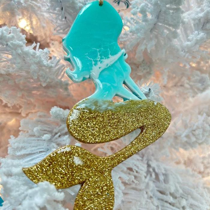 Assorted Sitting Mermaid Wooden Ornaments w/ Resin and Sand or Glitter Ornaments Sunshine & Sweet Peas Costal Decor