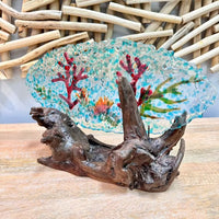 Glass Disc Sculpture w/Coral, Starfish, & Seahorse on Driftwood - Sunshine & Sweet Pea's Coastal Decor