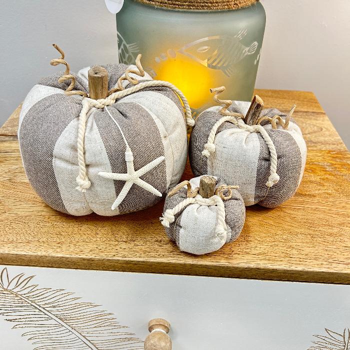 Driftwood & Fabric Pumpkin Set Sunshine & Sweet Peas Coastal Decor