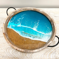 Wooden Tray w/Teal Resin & Dark Sand Beach Scene