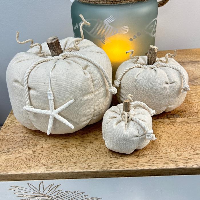 Driftwood & Fabric Pumpkin Set Sunshine & Sweet Peas Coastal Decor