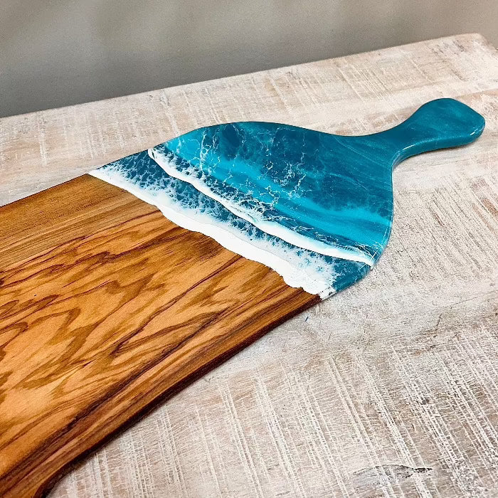 Beach Inspired Teal Resin 22.5" Olive Wood Charcuterie Board