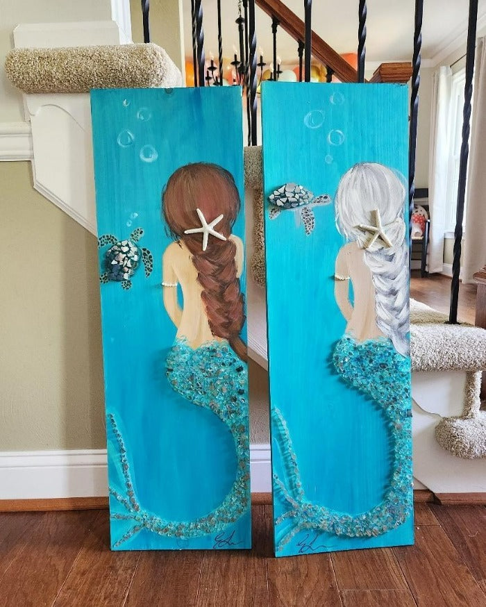 Custom Mermaid on Wood with Matte Finish & Embellishments Commission - Sunshine & Sweet Pea's Coastal Decor