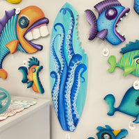 Octopus Tentacles Wooden Surfboard with Shark Bite - Sunshine & Sweet Pea's Coastal Decor