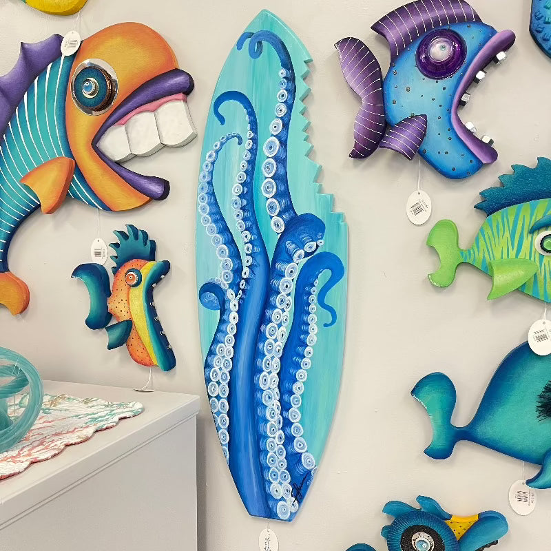 Octopus Tentacles Wooden Surfboard with Shark Bite - Sunshine & Sweet Pea's Coastal Decor