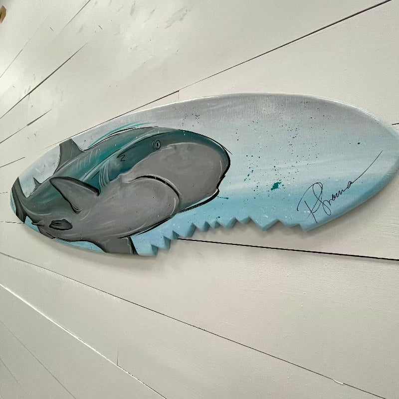 Reef Shark Wooden Surfboard with Shark Bite - Sunshine & Sweet Pea's Coastal Decor
