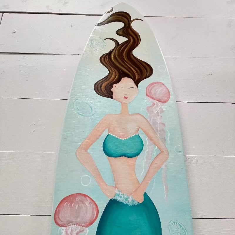 Mermaid with Jellyfish Wooden Surfboard - Sunshine & Sweet Pea's Coastal Decor