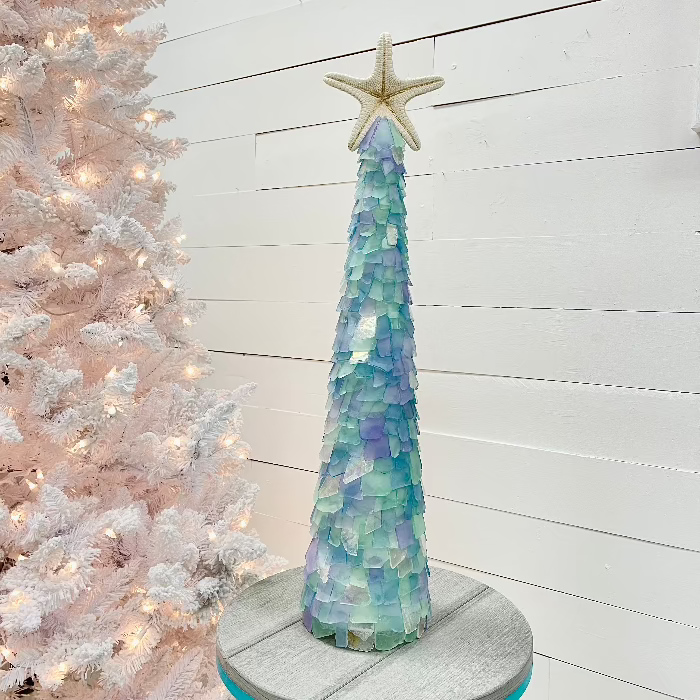 Extra Large Sea Glass Tree w/Lights & Starfish Topper Sunshine & Sweet Peas Coastal Decor